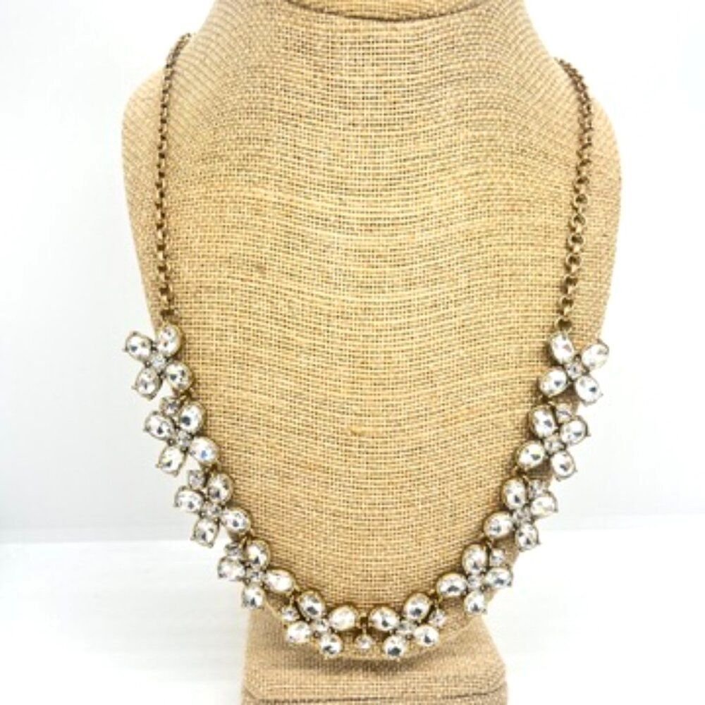 J Crew Necklace Rhinestone Statement Crystal Bib Gold Tone Floral Necklace